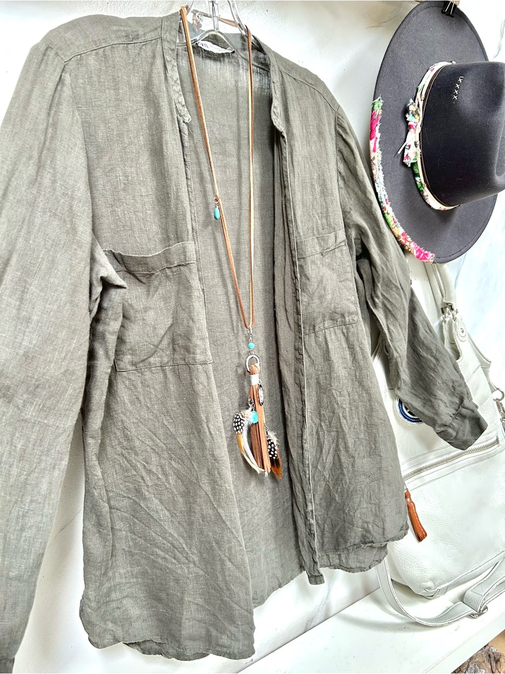 Zara Linen Olive Green Lightweight boho shirt w resort vacay beach country vibe - Picture 6 of 15